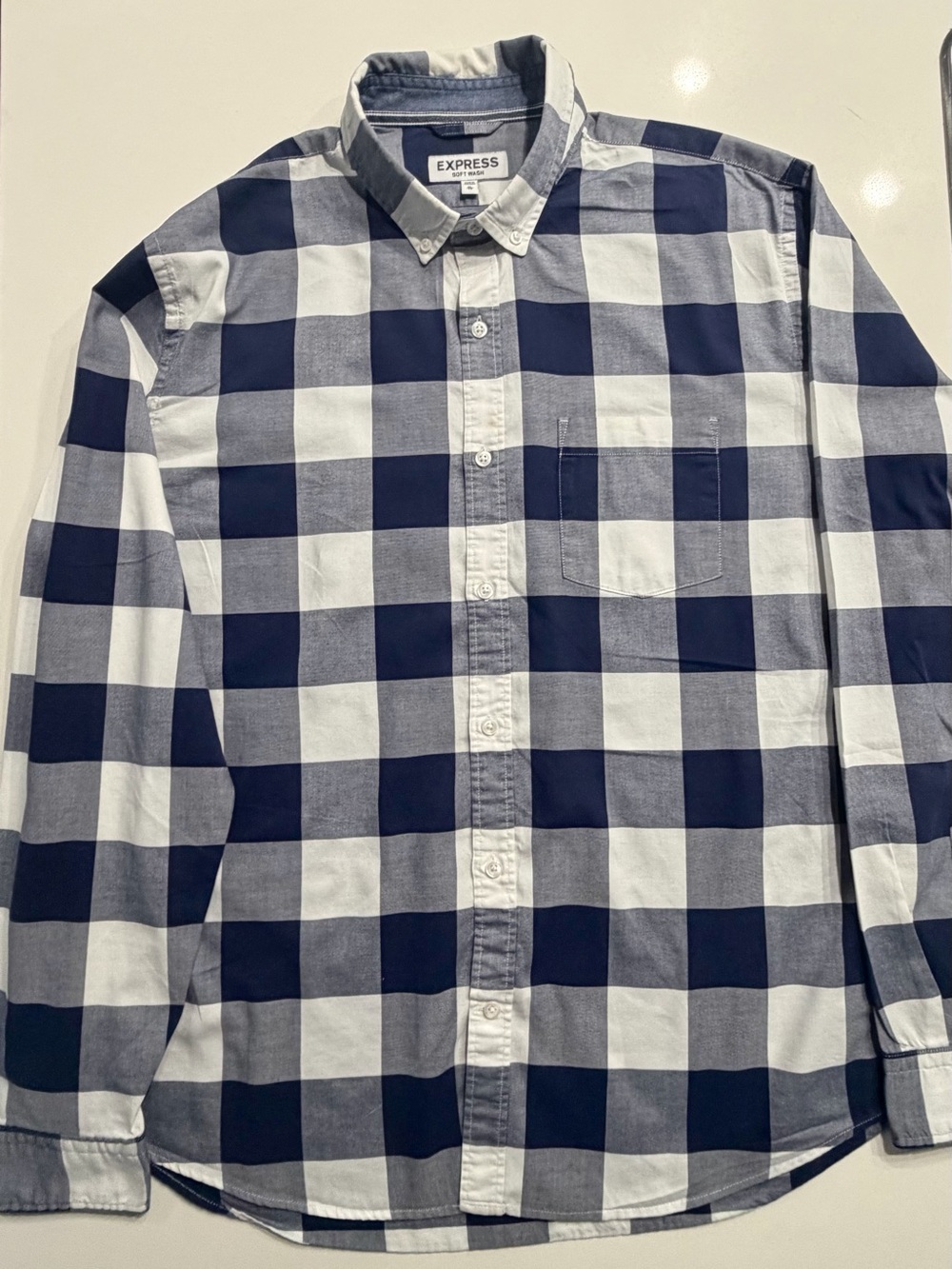 Express Men’s Navy and White Large Check Button-Down Shirt